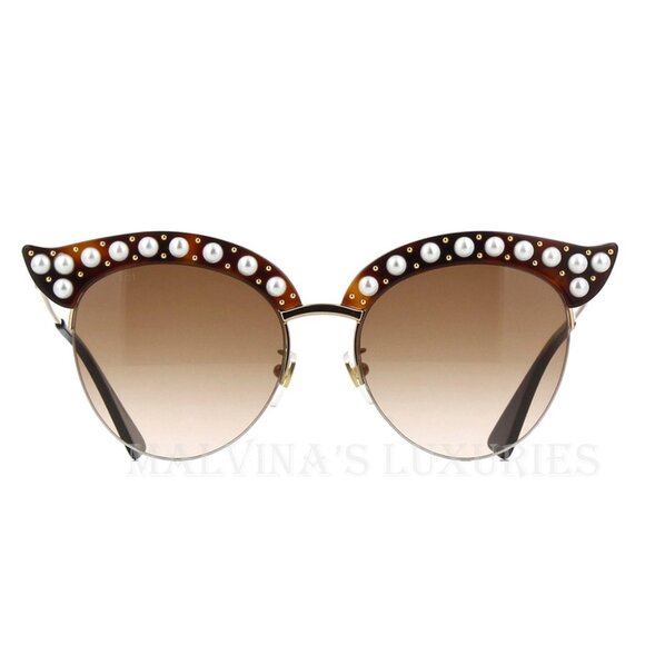 GUCCI SUNGLASSES GG0212S 002 CAT EYE HAVANA GOLD PEARL ACCENTS BUMBLEBEE - Picture 6 of 12